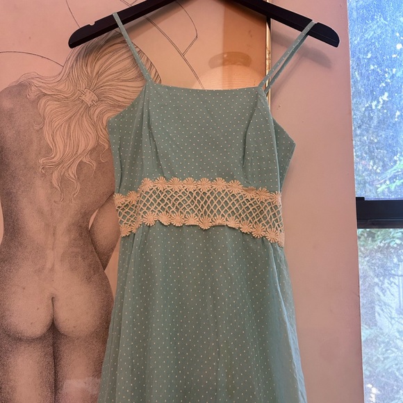 vintage light blue lace polka dot maxi dress daisy lace empire waist - Picture 9 of 13